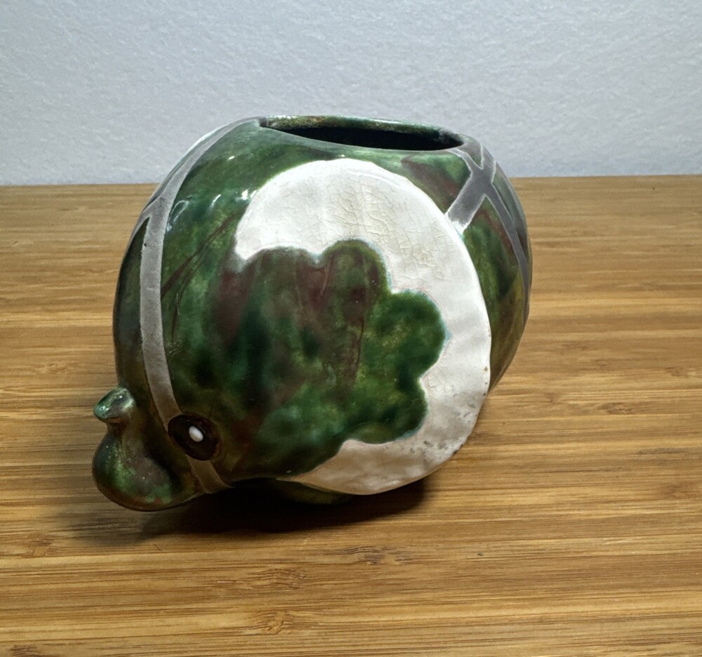 Vintage Ceramic Elephant Planter Vase Green Iridescent Raku Style Glaze
